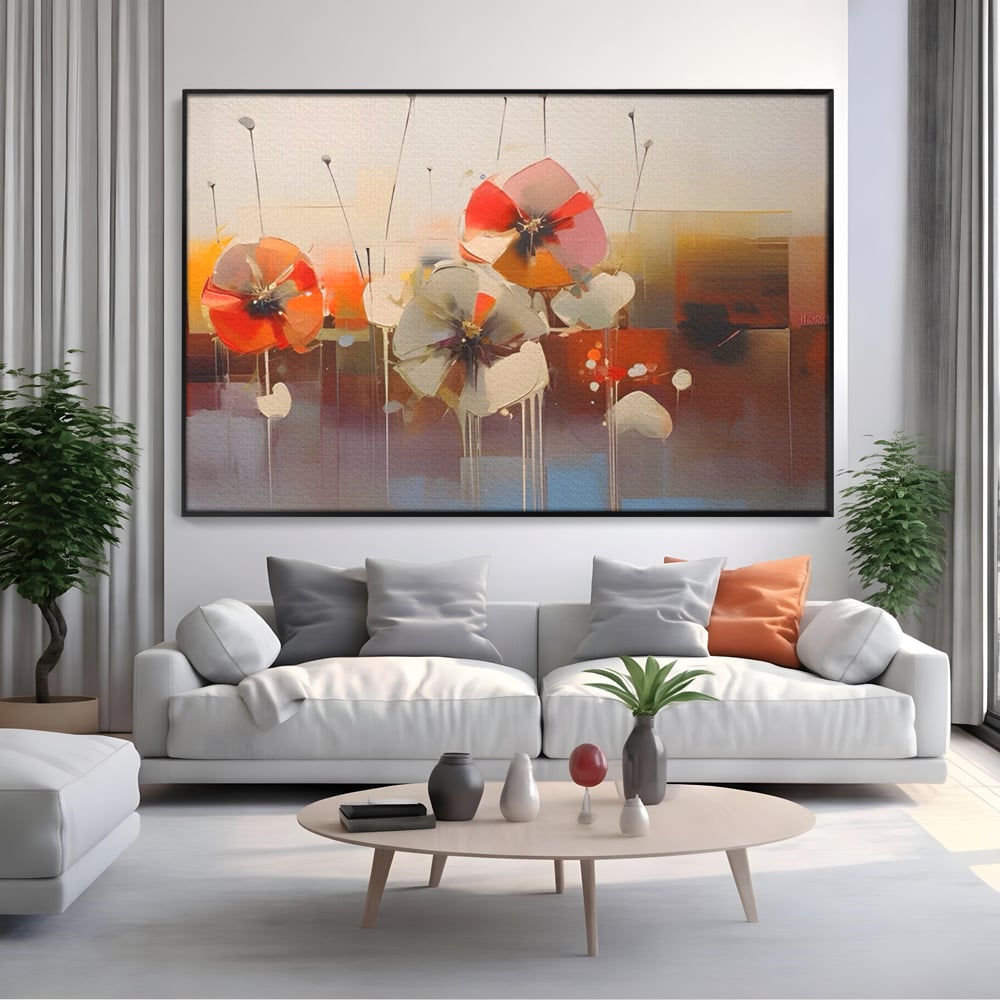 Tablou canvas cu tablou canvas cu pictura florala abstracta, in rama de aluminiu negru, pe perete intr-un living